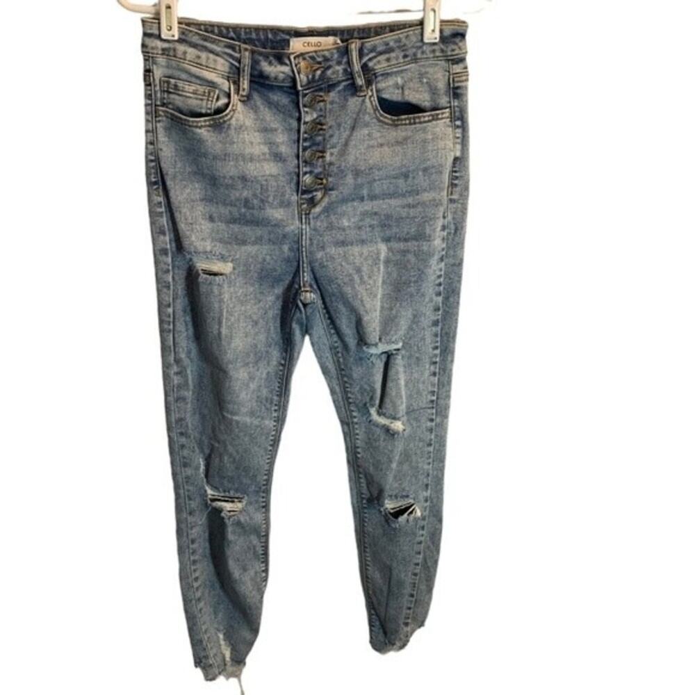 Cello High Waist Button Fly Acid Washed Distressed Raw Hem Jeans. Size 9
